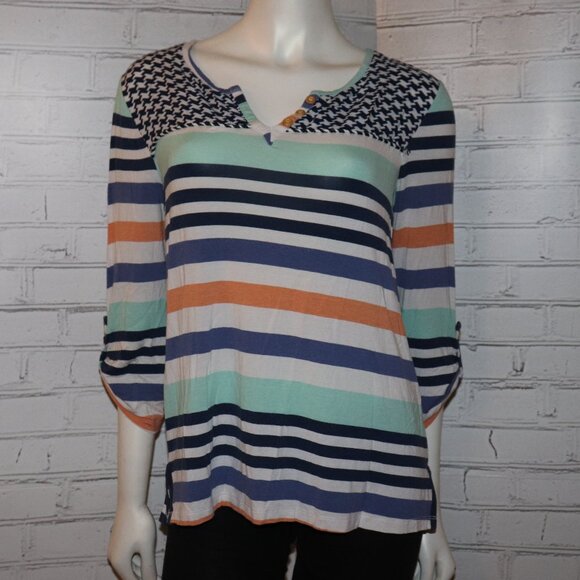 🔷🧡 Democracy Blouse · Blue, Orange & White · Size M · ¾ Sleeve Stunner - Picture 1 of 5